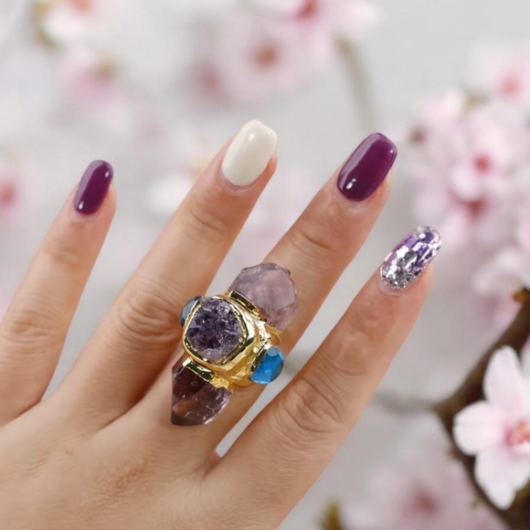 New Chunky Natural Rough Amethyst Tourmaline Huge Statement Ring - Picture 4 of 4